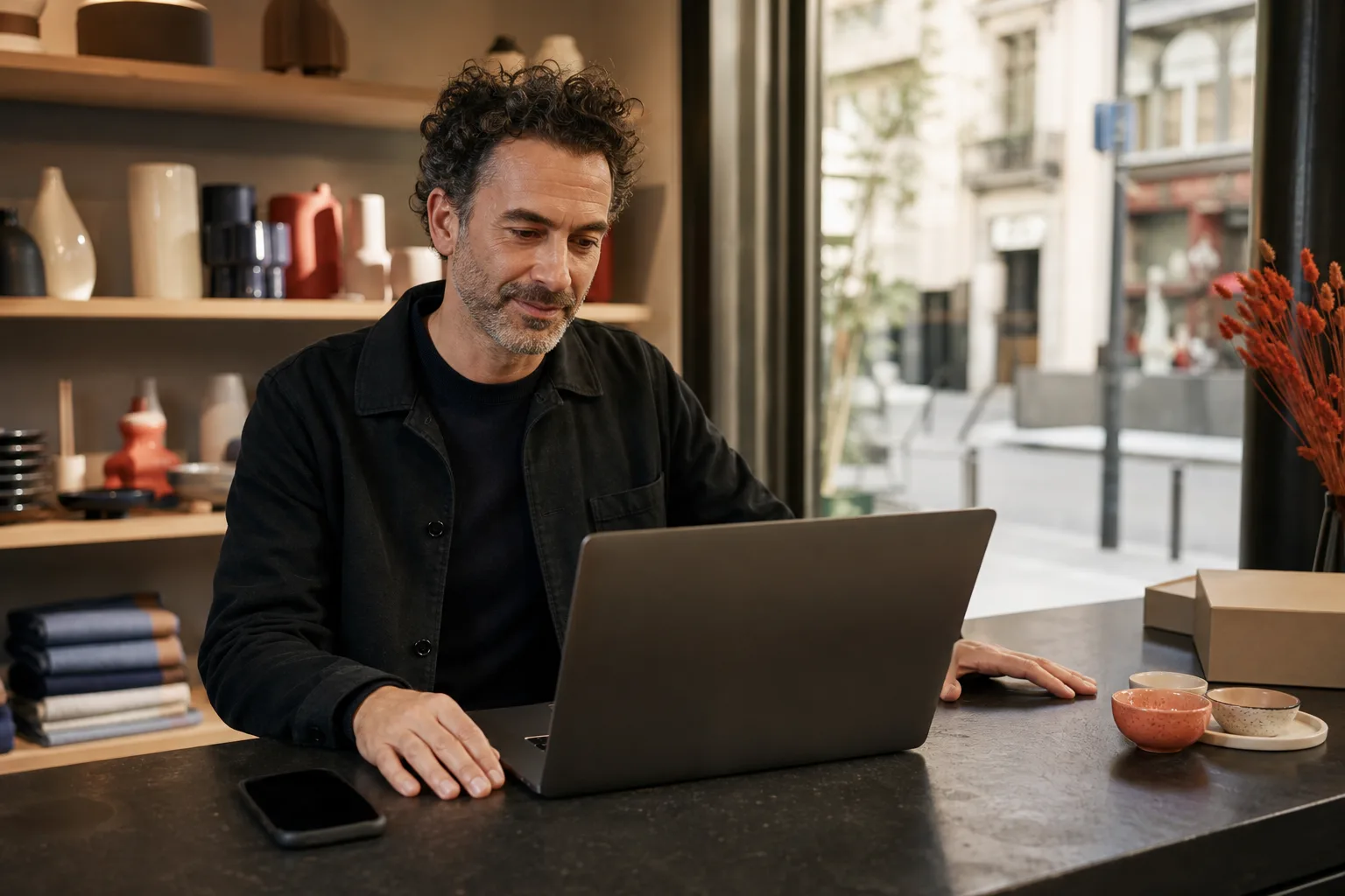 A small business owner reviewing activity on a laptop
